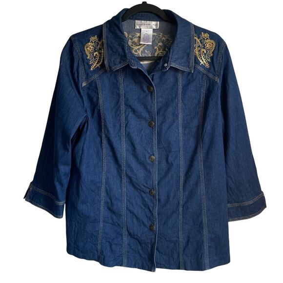 Susan Graver Jackets & Blazers - Susan Graver Denim Shirt Jacket Embroidered Sequins Metallic Sz L Rodeo Western